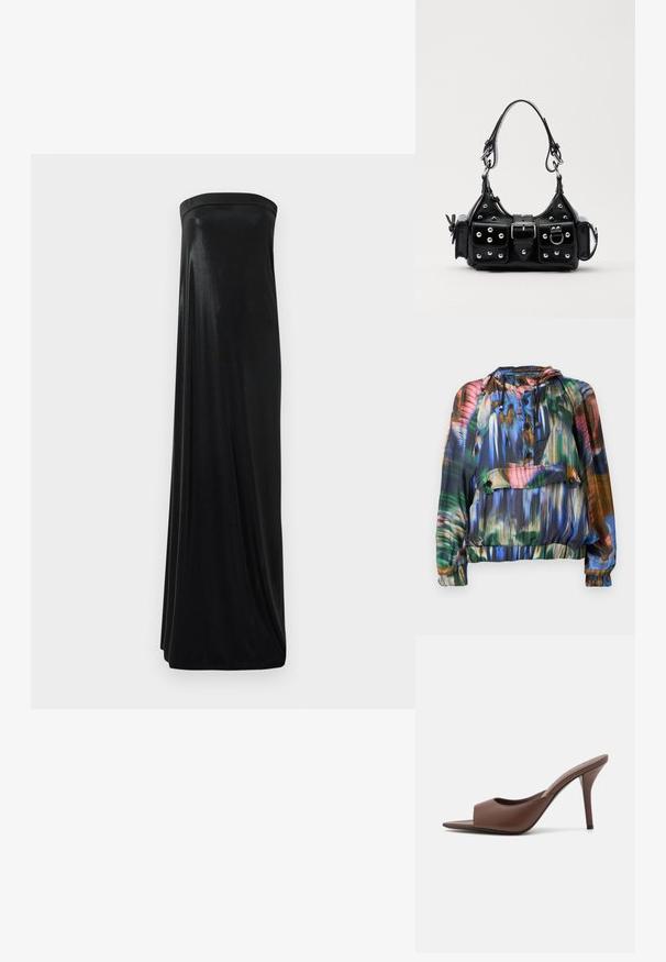 Colorful, lightweight jacket with a hood; features abstract patterns in blue, green, and red, button front, and elasticized hem and cuffs.; Black strapless maxi dress made of smooth, shiny fabric. Features a fitted bodice and flowing silhouette, reaching the floor without embellishments.; Brown leather open-toe high-heeled mules with a sleek design, featuring a wide front strap and a slender stiletto heel.; Black leather handbag with a curved design, featuring silver studs, a buckle, and two side pockets. Adjustable strap for carrying options.