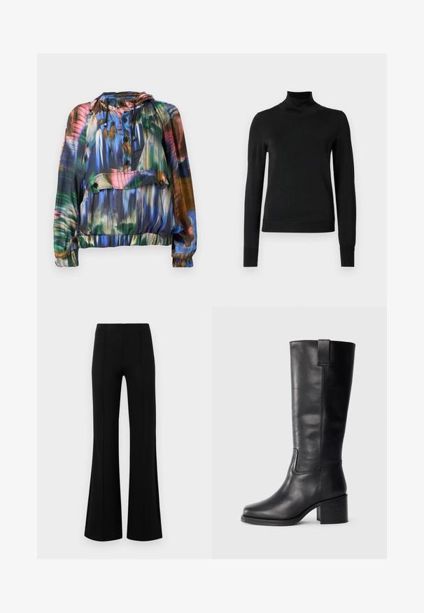 Casaco leve e colorido com capuz; apresenta padrões abstratos em azul, verde e vermelho, fecho de botões e bainha e punhos elásticos.; Sweater preto de manga longa com gola alta, com punhos e bainha canelados, exposto em um fundo branco liso.; Calças pretas de boca de sino com uma cintura alta, feitas de um tecido elástico. Apresentam detalhes de costura vertical na frente e uma textura suave.; Botas altas de couro preto com textura suave, bico quadrado, salto bloco e puxador lateral, apresentando detalhes de costura mínimos.