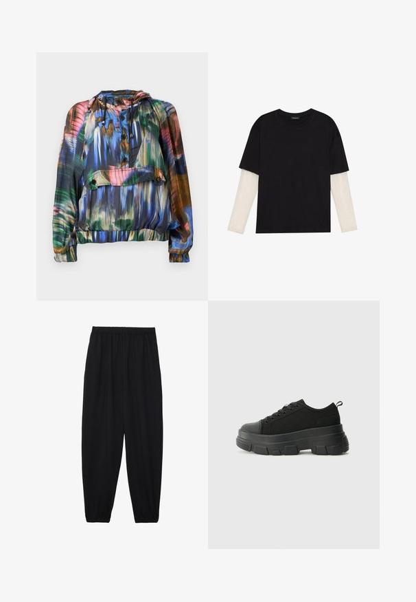 Veste légère et colorée avec capuche ; présente des motifs abstraits en bleu, vert et rouge, fermeture à boutons et ourlet et poignets élastiques.; T-shirt noir en coton, avec des manches courtes sur une couche à manches longues blanche avec un motif texturé subtil. Col rond.; Pantalons noirs légers avec une taille élastique et des chevilles froncées. Le tissu est lisse et présente un design décontracté et fuselé.; Baskets noires avec une semelle en caoutchouc épaisse, un dessus en tissu texturé, un bout rond et un design à lacets. Présente des œillets renforcés et une languette à l'arrière.