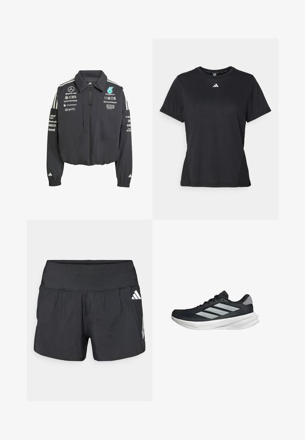 Cropped black jacket with a zip closure, featuring white stripes on shoulders, multiple brand logos, and elastic cuffs.; Black athletic t-shirt with short sleeves, round neckline, and a white logo on the chest. Made from smooth, stretchable fabric.; Black athletic shorts featuring a wide elastic waistband, lightweight fabric, and white logo accents on the lower side.; Black running shoe with mesh upper, three silver stripes, white midsole, and textured outsole. Features padded collar and lace closure.