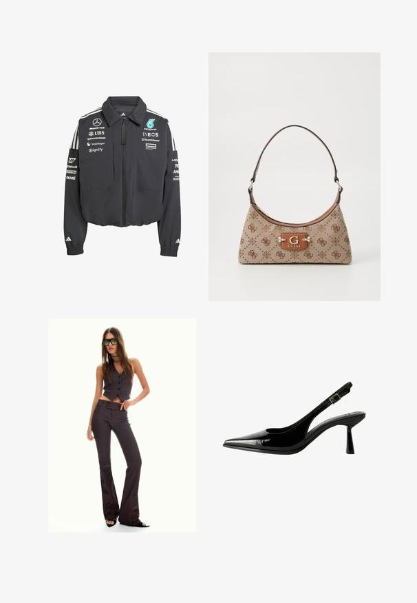 Kraftig sort jakke med lynlås, der har hvide striber på skuldrene, flere mærkelogos og elastiske ærmer.; Hvid langærmet top med bådudskæring. Lavet af blødt materiale, harflammende ærmer og en lige kant, hvilket giver et enkelt og alsidigt design.; Brun stribet cropped vest og flagrende bukser med knapper og et tekstureret stof. Sorte åbentåede sko og overdimensionerede solbriller.; Sorte patenterede lædersandaletter med spids tå, udskårne sider, justerbar ankelstrop og en tynd, slank hæl.; Tote bag i beige stof med brune mønstrede detaljer. Har en buet form, enkelt strop og et logo-plakette foran med sølvhardware.