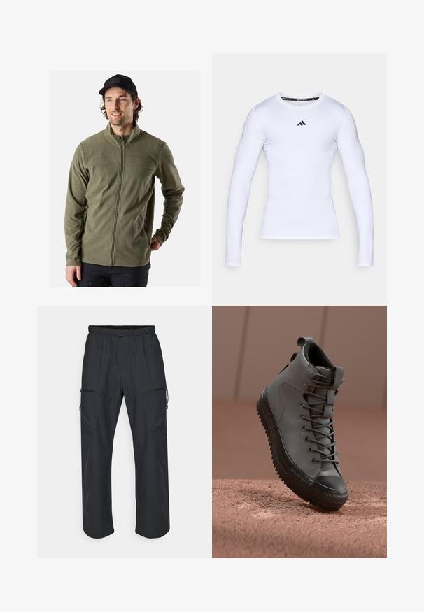 Green fleece jacket with a high collar, front zipper, and side pockets. The fabric has a textured finish. Worn with a black cap.; White long-sleeve athletic shirt made of stretch fabric, featuring a round neckline and a black Adidas logo on the chest.; Black cargo pants featuring an elastic waistband, two zippered pockets, and a lightweight, smooth fabric texture.; High-top sneaker in gray leather with a textured finish, black rubber toe cap, and gray laces. Features a pull tab at the heel.