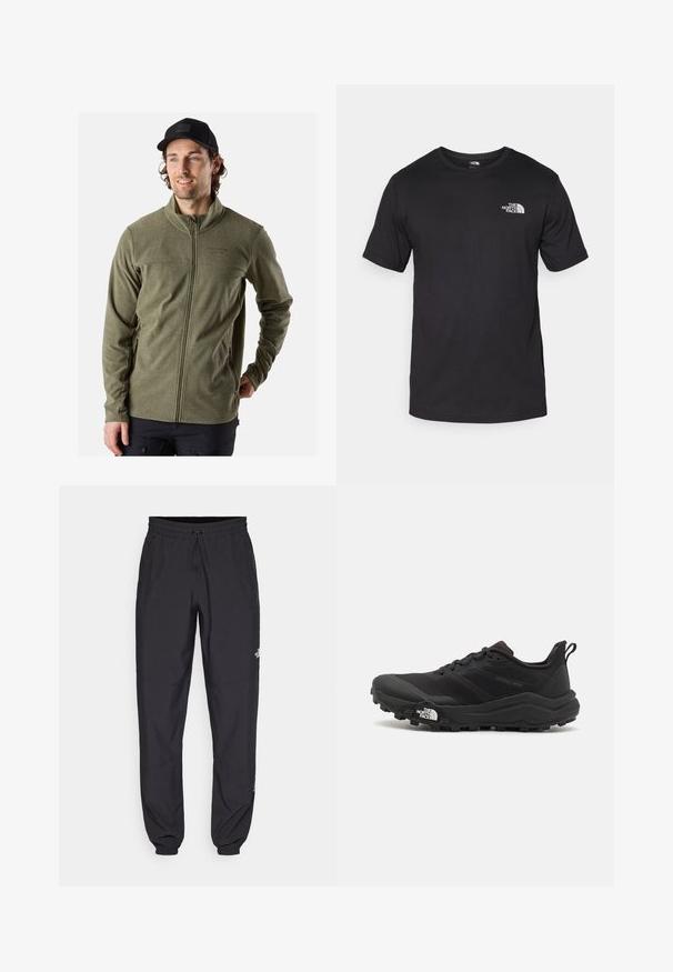 Groene fleecejack met hoge kraag, rits aan de voorkant en zakken aan de zijkanten. De stof heeft een gestructureerde afwerking. Draag met een zwarte pet.; Zwarte T-shirt met korte mouwen van katoen, voorzien van een ronde halslijn en een klein wit logo op de bovenste linkerkant van de borst.; Zwarte sportieve broek gemaakt van lichtgewicht stof, met een trekkoord in de taille, zijzakken en taps toelopende boorden bij de enkels.; Zwarte trailrunning schoen met een gestructureerde bovenkant, rubberen zool en versterkte neus. Voorzien van een gevoerde kraag en een trekhaak voor eenvoudig aan- en uittrekken.