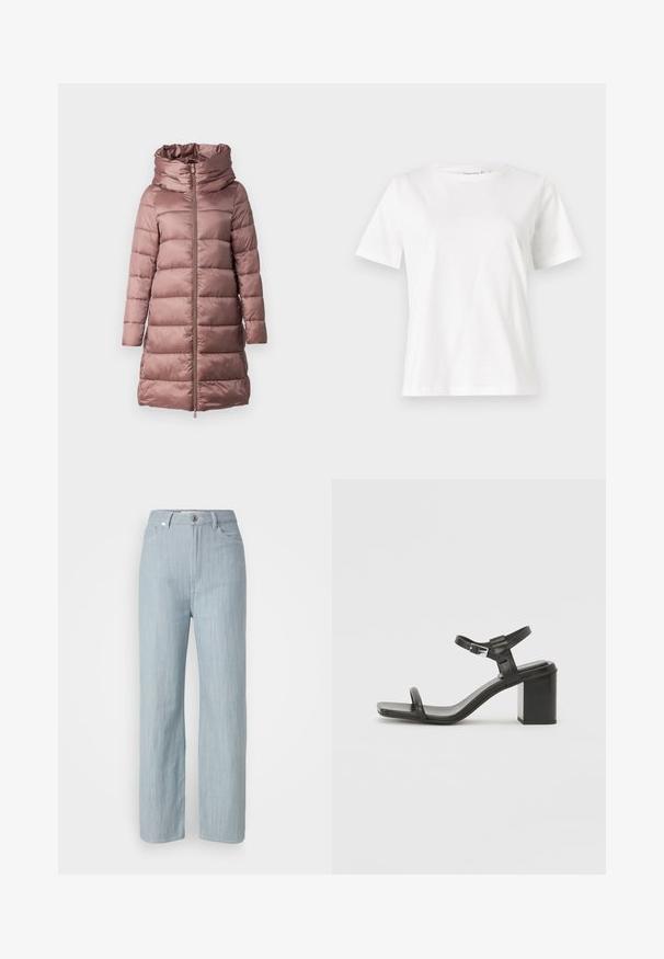 Abrigo acolchado en suave color rosa, con cuello alto, cierre de cremalleras y mangas largas. Tejido liso y brillante con elementos de diseño acolchado.; Camiseta de algodón blanca de manga corta, con cuello redondo y un corte relajado. Textura suave, sin patrones ni acentos, diseño minimalista.; Jeans de pierna recta en azul claro, hechos de denim. Cuenta con cinco bolsillos, un cierre de botón de metal y un sutil desgastado para añadir textura.; Sandal de cuero negro con tacón cuadrado, con una correa amplia en la parte delantera y una correa ajustable en el tobillo, que presenta un diseño elegante y minimalista.