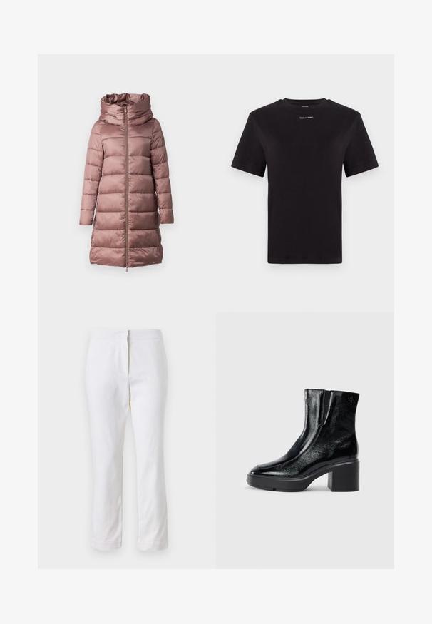 Palton captusit de culoare roz moale, cu guler înalt, închidere cu fermoar și mâneci lungi. Material neted și lucios, cu elemente de design matlasat.; Tricou negru din bumbac, cu mâneci scurte, gât rotund și un mic logo alb "Calvin Klein" pe piept. Textură netedă, croială clasică.; Pantaloni din bumbac alb, cu un design drept, având talie medie și fără hardware sau modele vizibile. Textură uniformă pe întreaga suprafață.; Bocanci de gleznă din piele lacuită neagră, cu vârf curbat, panouri elastice pe laterale și toc bloc masiv. Prezintă un logo embosat pe spate.