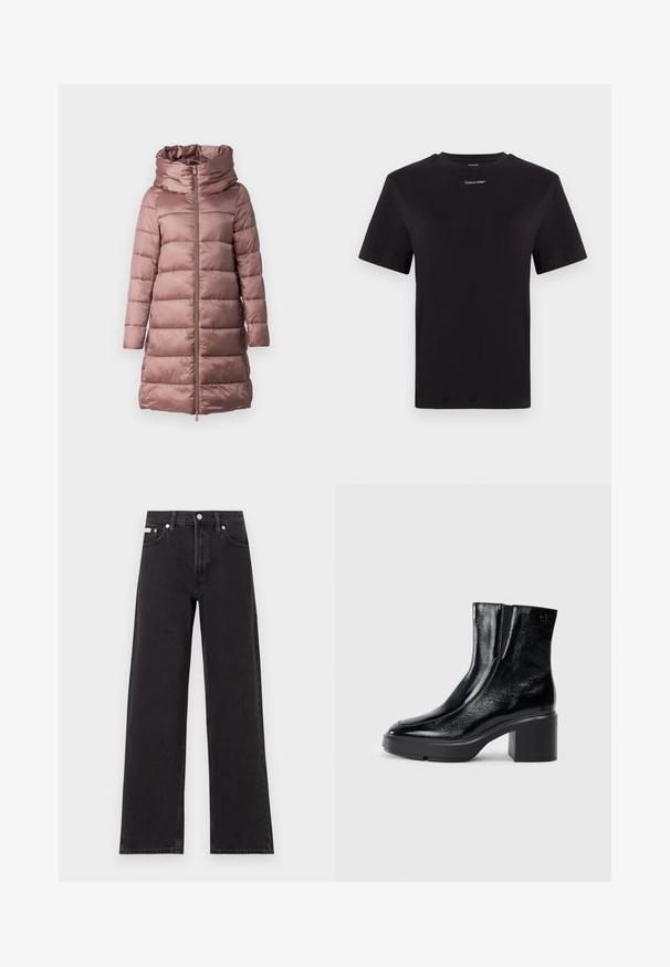 Giacca imbottita di un morbido colore rosa, caratterizzata da un colletto alto, chiusura con zip e maniche lunghe. Tessuto liscio e lucido con elementi di design trapuntati.; T-shirt in cotone nero con maniche corte, colletto a girocollo e piccolo logo bianco "Calvin Klein" sul petto. Texture liscia, vestibilità classica.; Jeans neri a gamba larga in denim, con vita alta, styling a cinque tasche e chiusura con bottone metallico e cuciture a contrasto.; Stivali alla caviglia in pelle verniciata nera con punta curva, pannelli laterali elasticizzati e tacco robusto. Presentano un logo impresso sul retro.