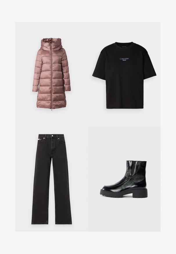 Manteau matelassé de couleur rose doux, avec un col montant, une fermeture éclair et des manches longues. Tissu lisse et brillant avec des éléments de design matelassé.; T-shirt en coton noir avec un col rond, des manches courtes et un logo brodé bleu "Calvin Klein JEANS" sur le devant.; Jeans noirs à jambes larges en denim, avec une taille haute, une coupe à cinq poches et une fermeture à bouton en métal avec des coutures contrastantes.; Bottines noires avec une finition en cuir verni brillant, semelle en caoutchouc noir épaisse et talon surélevé ; inclut un détail de logo subtil sur le côté.