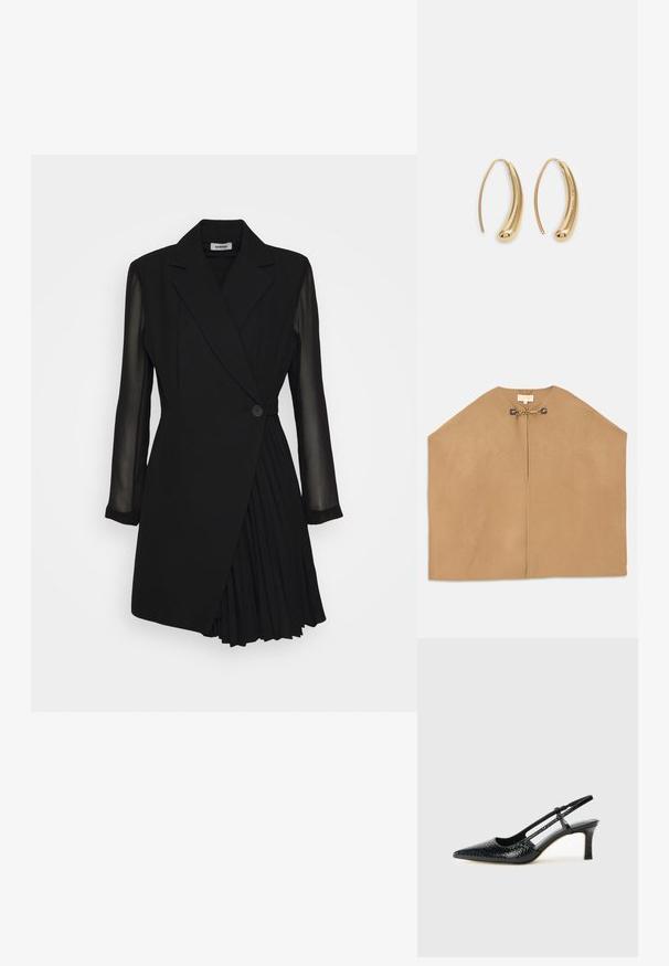 Kapa od mekog kamiljeg materijala, s okruglim izrezom, otvorenom prednjom stranom i zlatnim detaljima na kopčanju s lancem. Glatka tekstura.; Crna krojena haljina s gornjim dijelom u stilu blejzera, prozirnim dugim rukavima, jednim dugmadi i naboranim detaljem na suknji.; Crne lakirane slingback pete s oštrim vrhom, s teksturiranim uzorkom zmijske kože, podesivom remenom i kratkom, teksturiranom blok-petom.; Crna kožna torba preko ramena s dva prednja džepa, zlatnim kopčama, zatvaranjem na zip i uskim remenom. Teksturirana površina i kompaktan pravokutan oblik.; Zlatne metalne naušnice u obliku obruča s zakrivljenim, izduženim oblikom. Imaju glatku, sjajnu površinu i zaobljeni vrh za dodatni detalj.