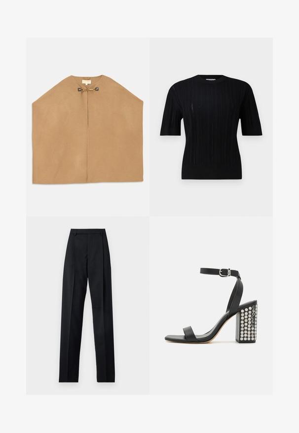 Cape in soft camel fabric, featuring a round neckline, open front, and gold hardware with chain detail at the closure. Smooth texture.; Filippa K BRAID - Jumper - black; Black trousers made from smooth fabric featuring a high waist, wide legs, front pleats, and classic belt loops. No side pockets visible.; Black leather heeled sandals with an ankle strap. Features a square toe, smooth texture, and square block heel adorned with silver studs.