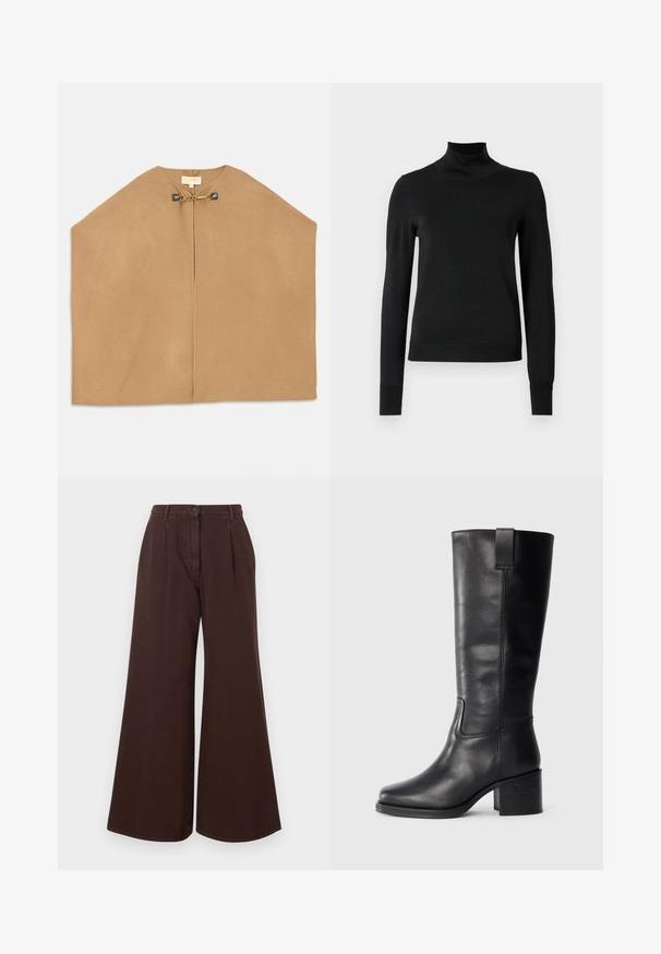Cappa in morbido tessuto cammello, caratterizzata da un collo rotondo, apertura frontale e dettagli in metallo dorato con catena alla chiusura. Texture liscia.; Pullover nero a maniche lunghe con collo alto, rifinito con polsini e orlo a coste, mostrato su uno sfondo bianco semplice.; Pantaloni brown a vita alta e gamba larga con chiusura a bottoni e cerniera, passanti per cintura e pieghe frontali.; Stivali al ginocchio in pelle nera con una texture liscia, punta quadrata, tacco a blocco e linguetta laterale, caratterizzati da dettagli di cucitura minimi.