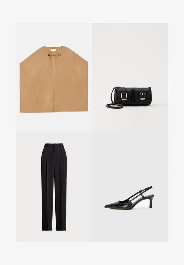 Kapa od mekog kamiljeg materijala, s okruglim izrezom, otvorenom prednjom stranom i zlatnim detaljima na kopčanju s lancem. Glatka tekstura.; Crna pamučna majica s kratkim rukavima, okruglim izrezom i malim bijelim logom na donjem lijevom dijelu. Klasičan, širok kroj s minimalnim detaljima.; Crne krojene hlače s visokim strukom, s naborima sprijeda, ravnim krojem i običnim rubom. Izrađene od glatkog materijala.; Crne lakirane slingback pete s oštrim vrhom, s teksturiranim uzorkom zmijske kože, podesivom remenom i kratkom, teksturiranom blok-petom.; Crna kožna torba preko ramena s dva prednja džepa, zlatnim kopčama, zatvaranjem na zip i uskim remenom. Teksturirana površina i kompaktan pravokutan oblik.