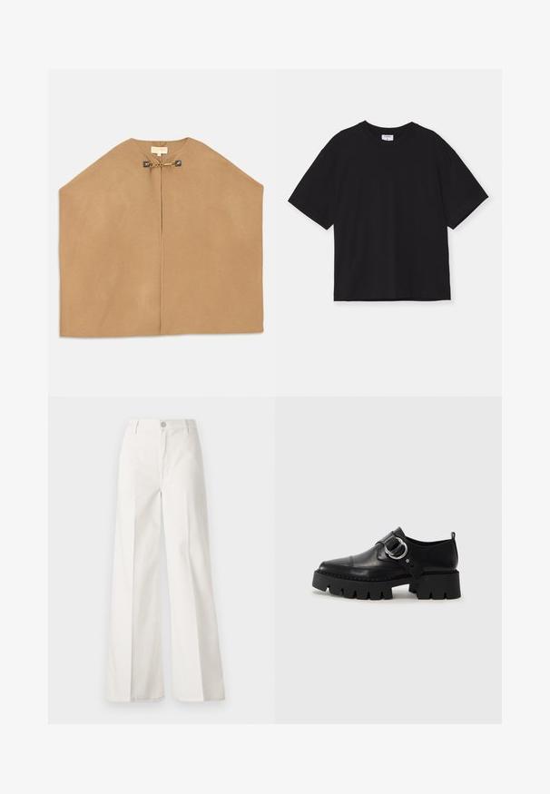 Capa van zacht camel stof, met een ronde halslijn, open voorkant en gouden hardware met kettingdetail bij de sluiting. Glad oppervlak.; Zwarte korteyls T-shirt van katoen. Het heeft een comfortabele pasvorm, ronde halslijn en geen zichtbare patronen of versieringen.; Witte wijde-broek gemaakt van katoen met een gladde textuur. Voorzien van een knoop aan de voorkant, ritsopening en vierzakkenontwerp.; Zwarte leren schoenen met een robuuste, geribbelde zool, voorzien van een ronde zilveren hardwareaccent en minimale stikdetails.