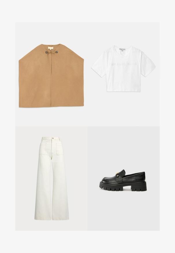 Cape en doux tissu camel, avec un col rond, une ouverture à l'avant, et une quincaillerie dorée avec un détail en chaîne au niveau de la fermeture. Texture lisse.; T-shirt blanc court en coton, avec des manches courtes et le logo "MICHAEL KORS" brodé ton sur ton à l'avant.; Jeans large en denim écru. Design taille haute avec une fermeture à bouton, deux poches avant et des détails de surpiqûres contrastantes.; Mocassins en cuir noir avec une semelle épaisse, présentant un accent doré à l'avant et une finition lisse. Design à crampons épais sur la semelle.