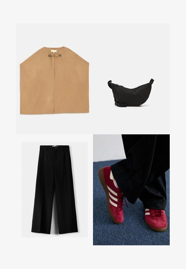 Cape en doux tissu camel, avec un col rond, une ouverture à l'avant, et une quincaillerie dorée avec un détail en chaîne au niveau de la fermeture. Texture lisse.; Débardeur sans manches bleu clair en coton doux. Doté d'un col rond et de bords lisses, sans motifs ni accents visibles.; Pantalons larges noirs en tissu léger, avec une fermeture à bouton à l'avant et un devant plat, dotés d'ourlets soigneusement cousus.; Baskets en suède rouge avec des rayures blanches, design à lacets et semelle en caoutchouc marron texturée. Portées avec un pantalon noir, sur un tapis bleu.; Sac bandoulière en tissu noir avec une forme incurvée, fermeture à zip, sangle réglable et une petite poche latérale pour un rangement supplémentaire.