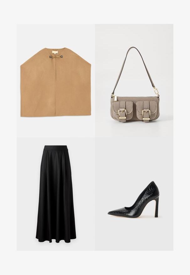 Cape in soft camel fabric, featuring a round neckline, open front, and gold hardware with chain detail at the closure. Smooth texture.; White short-sleeve top featuring a relaxed fit, lightweight texture, and rounded neckline. Back view shows smooth, simple design.; Black, floor-length skirt with a smooth texture, wide waistband, and pleated design, featuring no visible patterns or embellishments.; Black pointed-toe high heel shoe with a crocodile-skin texture, featuring a sleek design, high stiletto heel, and smooth black interior.; Beige textured handbag with adjustable strap, two front pockets secured by buckles, and gold hardware accents. Zipper closure at the top.