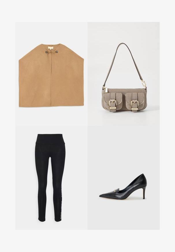 Plašč iz mehkega kamelastega blaga, z okroglim ovratnikom, odprtim sprednjim delom in zlatimi dodatki s podrobnostmi verige pri zapiranju. Gladka tekstura.; Bela majica s kratkimi rokavi, ki ima sproščen kroj, lahkoten material in okrogel izrez. Zadnji pogled prikazuje gladko, preprosto zasnovo.; Črne legice z visokim pasom, narejene iz gladkega materiala. Imajo natisnjeno blagovno znamko na strani. Zasnovane so za udobje in prilagodljivost.; Črne usnjene pumpe s špicastim nosom, nizkim vampom in dekorativnim zlatim akcentom. Imajo stiletto peto in gladko teksturo.; Bežna teksturirana torba z nastavljivim trakom, z dvema sprednjima žepoma, zaklenjenima s sponkami, ter z zlatimi kovinskimi dodatki. Zadrga na vrhu.