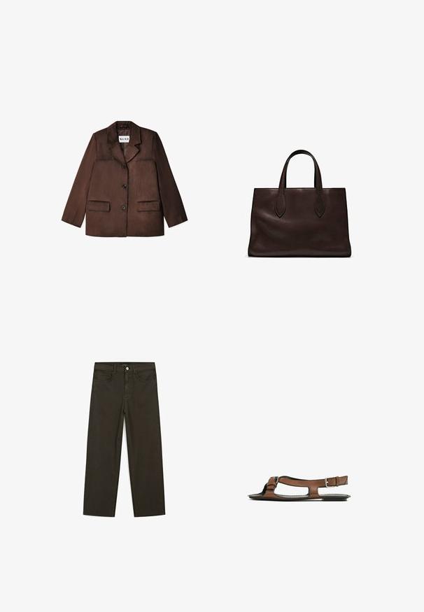Brun blazer i ett slätt material, med en notch-krage, enkel knäppning och två framfickor. Strukturerad yta.; Mörkbrun tröja med lång ärm och rund hals, något kortare passform och enkel, sömlös design.; Mörkgröna vida jeans i bomullsblandning, med knäppning fram, fem fickor och klassisk denimstickning.; Brun lädersandal med öppen tå och sidoklipp. Har en ankelrem med en metallspänne och en platt sula.; Brun läder tote-väska med två avlånga handtag, strukturerad rektangulär form, slät textur och subtila sömdetaljer.