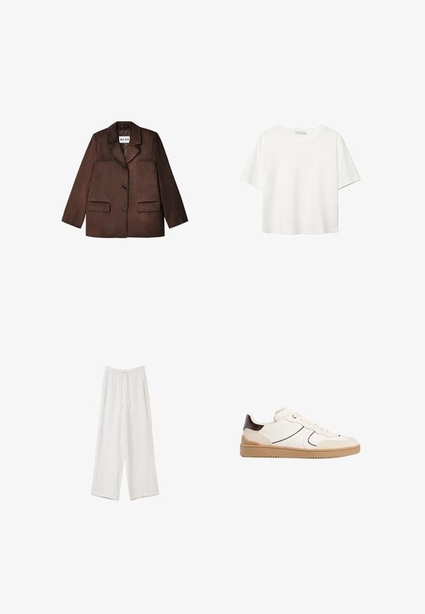 Hnedý blazer vyrobený z hladkého materiálu, s výstrihom s notch, jednostranným zapínaním na gombík a dvoma prednými vreckami. Textúrovaný povrch.; Biela krátkopsová tričko vyrobené z bavlny. Má okrúhly výstrih a voľný strih. Hladká textúra bez viditeľných vzorov alebo akcentov.; Biele široké nohavice vyrobené z ľahkej tkaniny. Obsahujú elastický pás so sťahovacou šnúrkou a bočné vrecká. Hladká textúra.; Stradivarius Tenisky - white