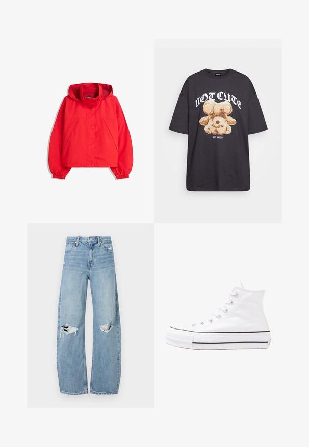 Jasnoczerwona kurtka z kapturem, z przednimi zatrzaskami, elastycznymi mankietami i ukośnymi kieszeniami na białym tle.; Czarny, oversize t-shirt z grafiką niedźwiedzia i napisem „NIE UROCZY, ALE DZIKI” w grubej, białej czcionce. Materiał bawełniany.; Jasnoniebieskie, wysokiej talii dżinsy wykonane z denimu. Posiadają szerokie nogawki, dwa podarte miejsca na kolanach oraz klasyczne pięć kieszeni.; Białe wysokie trampki z płótna z czarną gumową podeszwą, przednim czubkiem z gumy i sześcioma dziurkami na sznurowadła, charakteryzujące się prostym, minimalistycznym designem.