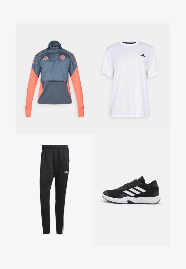 Halve rits pullover gemaakt van glad, lichtgewicht materiaal. Heeft een donkerblauwe romp met koraalkleurige mouwen en accenten. Logo op de borst. Lange mouwen.; Witte sport T-shirt met korte mouwen, gemaakt van vochtafvoerende stof. Heeft een zwart logo op de linkerkant van de borst en een gemusterde binnenhals.; Zwarte sportbroek met een rekbare tailleband, witte zijkanten en een klein wit logo op de dij. Gemaakt van een soepele, lichte stof.; Zwarte sportieve schoenen met een geperforeerde mesh bovenkant, witte accentstrepen, een gevoerde zool en een versterkte hiel voor extra ondersteuning.