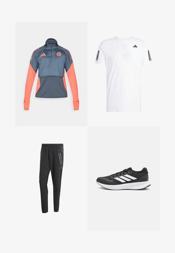 pusi-izvelkams krekls, kas izgatavots no gluda, viegla auduma. Tumši zilā krāsā ar korļa krāsas piedurknēm un akcentiem. Logo uz krūšu daļas. Garas piedurknes.; Balts T-krekls, kas izgatavots no auduma, ar īsām piedurknēm, apaļu kakla izgriezumu un trim melniem diagonāliem svītrām katrā piedurknē. Diskrēts logo uz krūtīm.; Melni sporta bikses ar elastīgu jostu, divām kabatām ar rāvējslēdzējiem sānos, šauru piegriezumu un atstarojošiem akcentiem priekšpusē.; Melnas sporta kurpes ar elpojošu acs augšu, baltām akcentiem un mīkstu zoli. Sānā ir trīs svītru logo.