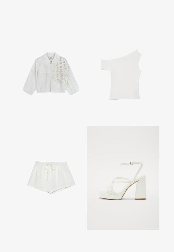 White cropped jacket featuring a mix of textured materials, a front zipper, and a detailed crochet pattern on one side.; Asymmetrical white top made of smooth fabric, featuring one short sleeve and one off-shoulder design, with a clean, minimalist look.; White cotton shorts feature a drawstring waistband, a loose fit, and a smooth texture. The hem is straight, with no additional patterns or accents.; White platform sandals with thick block heel, featuring multiple thin straps and an adjustable ankle strap. Smooth synthetic material.