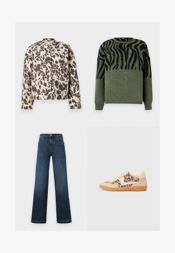Gequiltede jas van een lichtgewicht stof, met een gedurfde spetterpatroon in bruin en crème, een staande kraag en twee voorzakken.; Zebra-patroon trui in donker groen en zwart, gebreide textuur, ronde hals, lange mouwen, met contrasterend ontwerp op het bovenste gedeelte.; Donkerblauwe denim jeans met een wijdbeen ontwerp, voorzien van vijf zakken en een knoopsluiting aan de voorkant. Gladde textuur en klassieke stikdetails.; Luipaardprint sneakers met een beige suède bovenkant, tan rubberen zool en witte accenten. Ronde neus en vetersluiting met een gestructureerde afwerking.