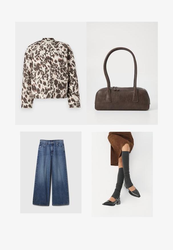 Chaqueta acolchada con un tejido ligero, que presenta un audaz patrón salpicado en marrón y crema, cuello con pie de gallo y dos bolsillos frontales de parche.; Camisa de manga larga de color rosa claro con cuello abotonado, que presenta un dobladillo recto y una textura suave, confeccionada con una tela de algodón ligera.; Jeans de mezclilla azul de pierna ancha con un acabado desgastado, que cuentan con un cierre de botón y cremallera, cinco bolsillos y cinturas.; Zapatos de charol negros con punta afilada, tacón bloque y tira de tobillo, combinados con calentadores de piernas de canalé grises y una falda de ante marrón.; Bolso de mano de cuero marrón con dos asas robustas, forma rectangular, textura suave y cierre de cremallera. Diseño minimalista sin patrones visibles.