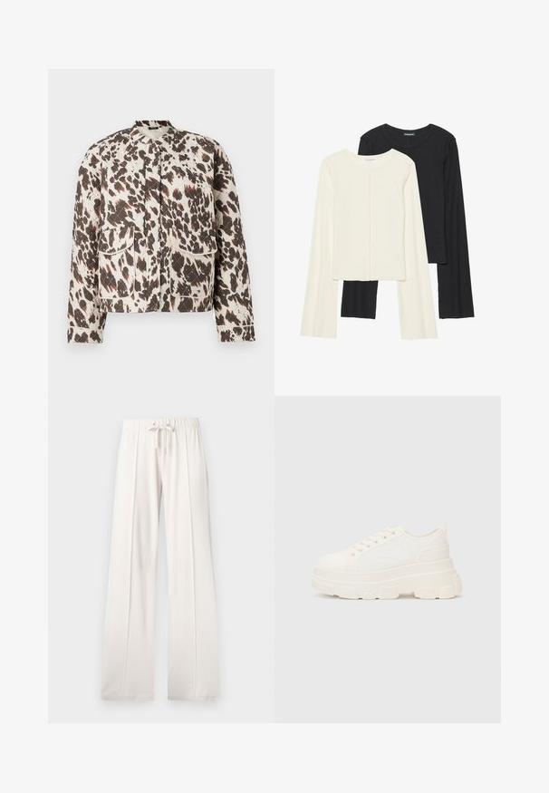 Quiltad jacka i ett lätt tyg, med ett djärvt mönster av bruna och krämiga sprutor, ståkrage och två framfickor.; Set med två långärmade toppar i vitt och svart. Ribbade texturer, rund hals, figurnära design med något utställda ärmar.; Ljust beige sweatpants i mjukt tyg, med dragsko i midjan, vida ben och vertikala sömmar, med en slät textur.; Vitcanvas sneakers med en chunky sula, rund tå och fem öglor för snören. Bakre tab för enkel påtagning. Slät yta, minimalistisk design.