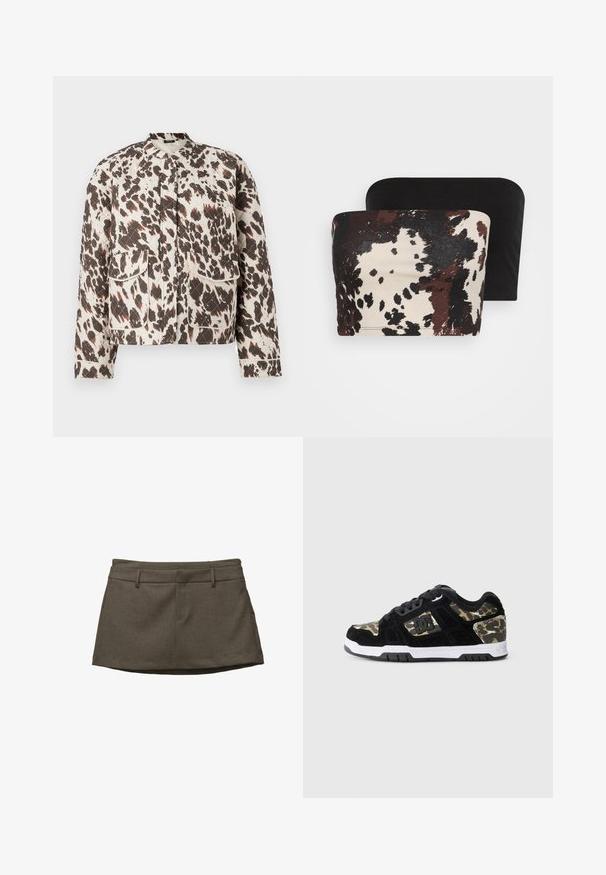 Giacca trapuntata in tessuto leggero, con un audace motivo a macchie marroni e crema, colletto rialzato e due tasche frontali a toppa.; Due top con spalline: uno presenta una stampa animalier astratta marrone e crema, mentre l'altro è di un nero uniforme. Entrambi sono realizzati in tessuto morbido.; Gonna marrone con un design sartoriale, con passanti per cintura, due tasche frontali e un tessuto testurizzato. L'orlo è leggermente curvato.; Sneaker in suede nero con motivo camouflage sul lato, suola intermedia bianca e suola esterna in gomma nera. Presenta lacci e dettagli del logo sul lato.