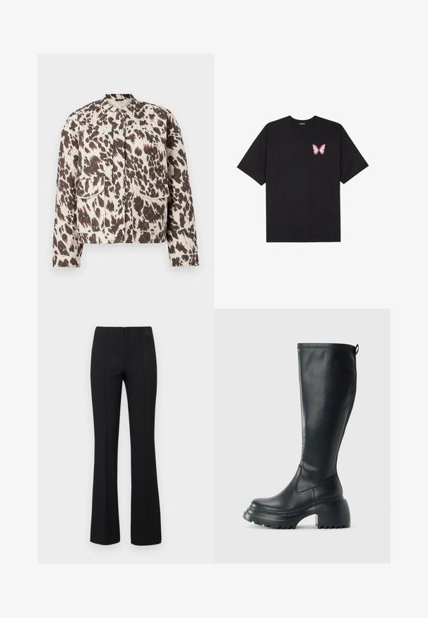 Quilted jacket with a lightweight fabric, featuring a bold brown and cream splatter pattern, stand collar, and two front patch pockets.; Black cotton t-shirt with short sleeves, featuring a small pink butterfly graphic on the left chest. Crew neck design with a relaxed fit.; Black flared trousers with a ribbed texture and fitted waist. The design features vertical seams for a streamlined look. No visible hardware.; Tall black leather boot with chunky platform sole and block heel, featuring pull tab and textured tread on outsole.