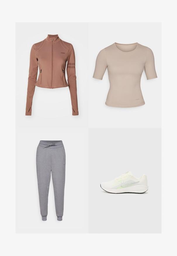 Brązowa sportowa kurtka z zamkiem błyskawicznym, z długimi rękawami, posiadająca kieszenie boczne, stojący kołnierz oraz siateczkowe akcenty na górnych ramionach.; Beżowa bluzka z krótkim rękawem o dopasowanym kroju, wykonana z gładkiego materiału z okrągłym dekoltem. Ma minimalne detale szwów oraz metkę na dolnym końcu.; Szare, zwężane dresy z elastycznym paskiem w talii, ściągaczami u dołu nogawek i subtelnym logo Nike na lewym udzie. Miękka, teksturowana tkanina.; Nike Performance DOWNSHIFTER 13 biały