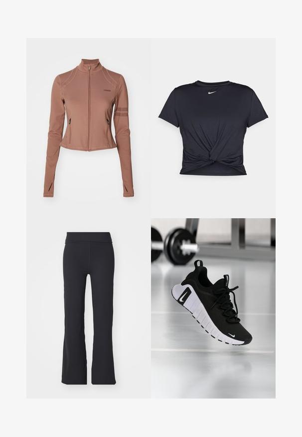 Rjava športna jakna na zadrgo z dolgimi rokavi, ki ima stranske žepke, stoječ ovratnik in mrežaste detajle na zgornjih rokavih.; Črna atletska majica iz gladkega materiala, z vozlanim sprednjim delom in majhnim belim logotipom Nike na prsih.; Črne razširjene hlače iz raztegljive tkanine z visokim pasom. Imajo čiste linije in gladko teksturo, primerne za vsakodnevno nošenje.; Črni športni čevelj z zgornjim delom iz teksturirane tkanine, belim podplatom in izrazitim sistemom vezalk. Ima Nikeov logotip in mehko, oblazinjeno zasnovo.