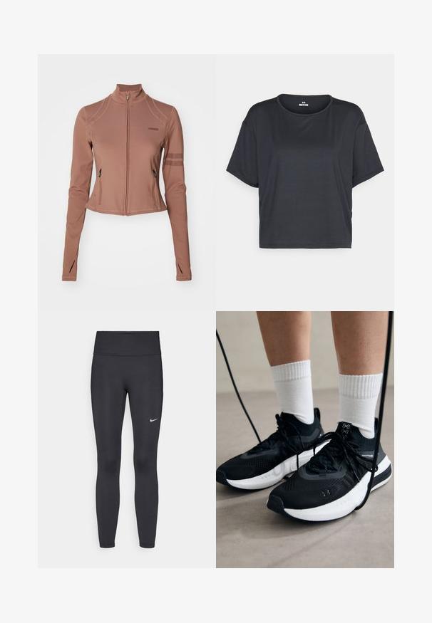 Pruun zip-up sportlik jakk pika varrukaga, küljetaskute, püsti seisva krae ja võrkmaterjaliga aktsentidega ülemistel käsivartel.; Must has õhuke lühikeste varrukatega lühikese seljaga T-särk, ümar kaelus ja pehme, sile kanga tekstuur. Nähtavaid mustreid ega kinnitusi pole.; Mustad mustadest leggingid, mis on valmistatud venivast kangast, kõrge vöökoha ja valge Nike logo abil vasakul reiel. Sile tekstuur, keha järgiv disain.; Mustad mustad jalanõud tekstuuritud kangast, valge tallaga ja mustade paeltega. Kanna valgete soonikkudega sokkide sisse, seistes helesinisel pinnal.