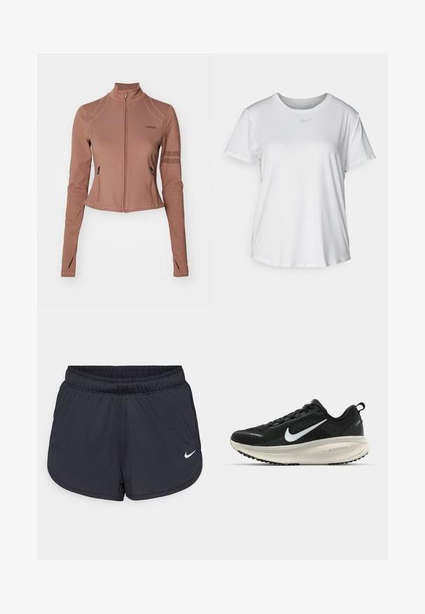 Braune Sportjacke mit Reißverschluss und langen Ärmeln, mit seitlichen Taschen, einem Stehkragen und Mesh-Einsätzen an den Oberarmen.; Weißes T-Shirt mit kurzen Ärmeln aus glattem Stoff, Rundhalsausschnitt und einem kleinen grauen Nike-Logo auf der Brust.; Schwarze Sportshorts aus leichtem, atmungsaktiven Material. Mit elastischem Bund und weißem Nike-Logo auf der unteren rechten Seite.; Schwarzer Nike-Laufschuh mit atmungsaktivem Mesh-Obermaterial, weißem Swoosh-Logo, strukturierten Details und einer cremefarbenen ZoomX-Zwischensohle.