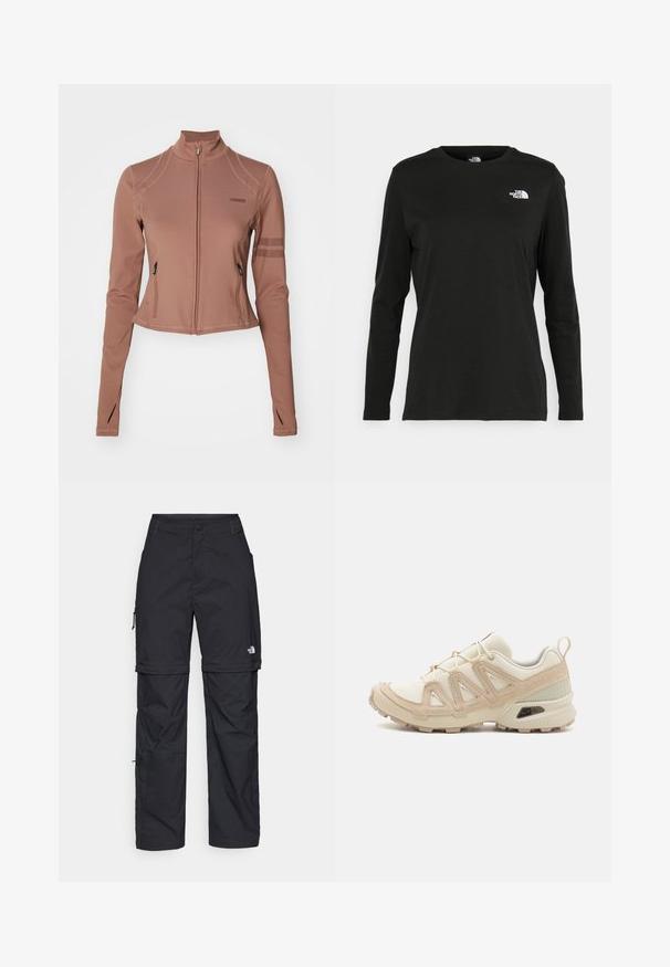 Brown zip-up athletic jacket with long sleeves, featuring side pockets, a stand-up collar, and mesh accents on the upper arms.; Black long-sleeve t-shirt made of cotton with a round neck. Features a small white logo on the left chest area. Simple design and fit.; Black nylon zip-off cargo trousers with adjustable cuffs, multiple pockets, and a logo on the right leg. Smooth, lightweight texture.; Beige and cream athletic shoe with textured mesh upper, supportive overlays, and rubber outsole featuring a tread pattern for traction.