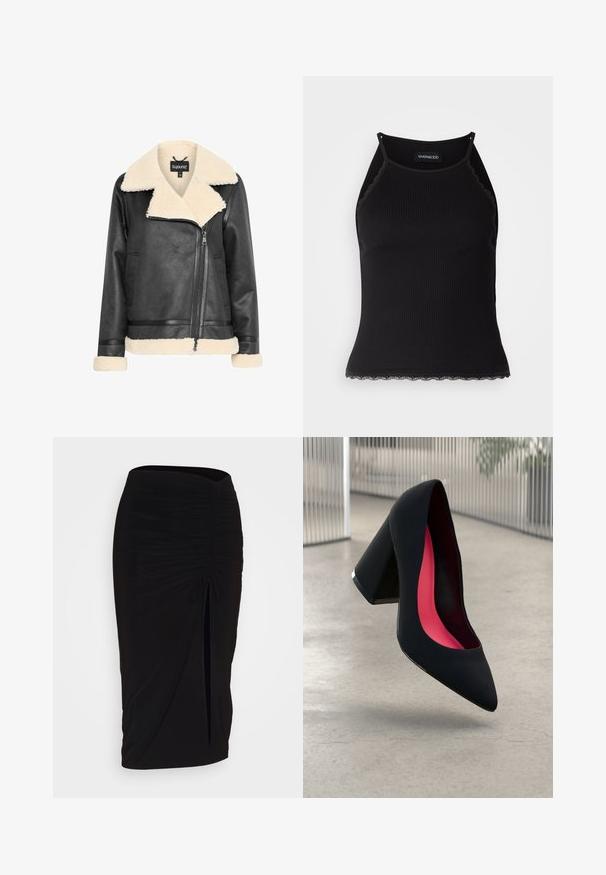 Giacca di pelle nera con colletto e polsini in pelliccia sintetica color crema, dotata di chiusura a zip e tasche laterali. Texture liscia con un design strutturato.; Top in maglia nera a coste con bordo in pizzo ondulato all'orlo. Presenta spalline sottili e un design aderente. Realizzato in tessuto elasticizzato.; Gonna a tubino nera, arricciata, con dettaglio a fiocco e uno spacco laterale. Realizzata in un tessuto elasticizzato, presenta una texture liscia e un design aderente.; Scarpa con tacco alto nera, con punta affusolata, superficie testurizzata e un vivace interno rosa. Presenta un tacco spesso con un accento argentato.