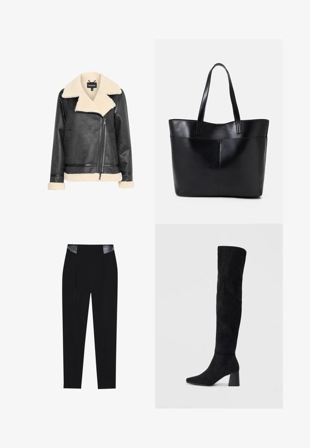 Juodas odinis švarkas su kreminiu dirbtinio šilko apykakle ir rankogaliais, su užtrauktuku ir šoninėmis kišenėmis. Lygus paviršius su struktūrizuotu dizainu.; Du suknelės su ilgomis rankovėmis, viena juoda ir viena balta, abi su kvadratiniu iškirpimu ir pagamintos iš minkštos, elastingos medžiagos.; Juodos pritaikytos kelnės, turinčios elegantišką dizainą, su klostėmis priekyje ir blizgaus juodo odos akcentais juosmens srityje. Lygaus audinio tekstūra.; Juoda zomšinė kelio ilgio batai su blokuotu kulnu, smailiu nosiu ir lygiu, be siūlių dizainu ant paprastos šviesios fono.; Juoda odinė rankinė su dviem ilgais diržais, lygiu paviršiumi ir struktūrizuota forma. Yra priekinė kišenė papildomam saugojimui.