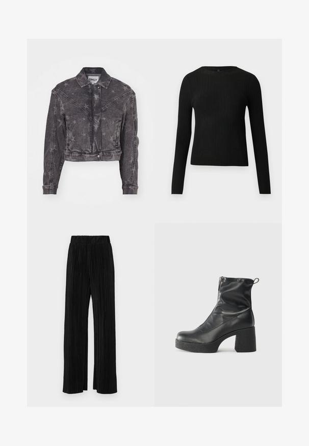 Kuttet svart denimjakke med stjernet mønster, knappelukking og to sidelommer. Har klassisk krage og synlige sømdetaljer.; Svart ribbestrikket langermet tettsittende genser med rund hals, vist mot en ensfarget lys bakgrunn.; Sorte plisserte bukser med elastisk midje. Har vide ben og et glatt, strukturert stoff med vertikale striper.; Svarte ankelstøvler laget av glatt lær, med glidelås på siden, chunky strukturert hæl, og rund tå-design.