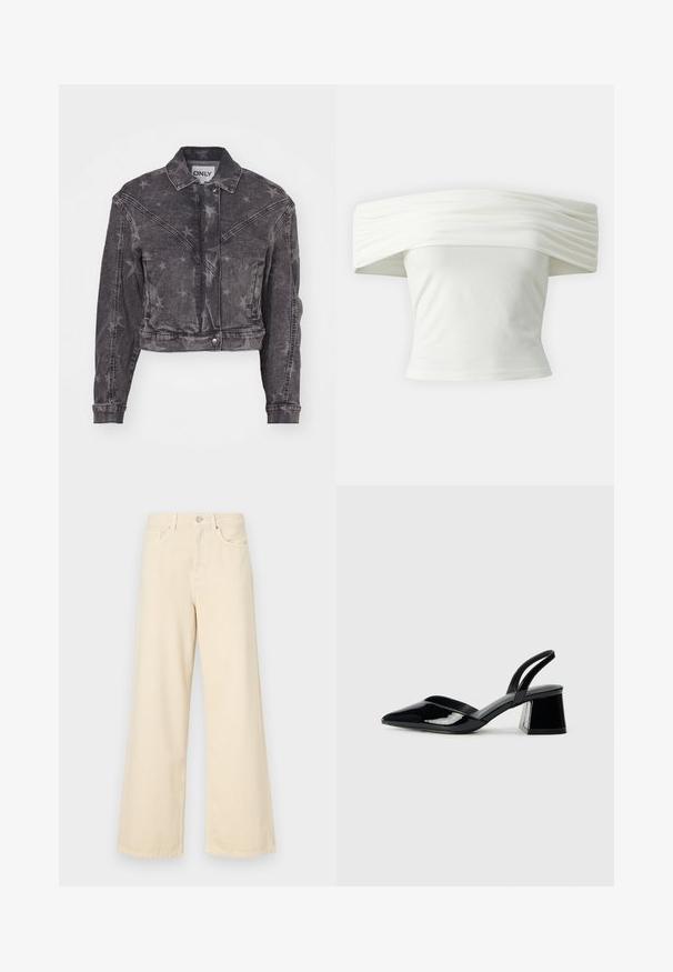 Cropped black denim jacket with star pattern, button closure, and two side pockets. Features a classic collar and visible stitching details.; Off-the-shoulder white top with pleated, structured neckline and fitted bodice. Made from soft fabric with a smooth texture.; Beige wide-leg jeans made of cotton. Features a button closure, belt loops, and front pockets with a smooth, soft texture.; Black patent leather slingback heels with a pointed toe and a geometric block heel. Features a sleek, minimal design and smooth texture.