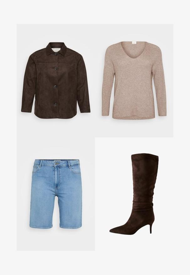 Hnědá semišová bunda s límcem, pěti černými knoflíky na přední straně a dlouhými rukávy. Hladká textura a přiléhavý střih.; Světle hnědý, žebrovaný svetr s dlouhými rukávy a výstřihem do V. Hladká textura s uvolněným střihem a rovním lemem. Žádné viditelné vzory ani akcenty.; Bílá košile s límečkem, s jednou kapsou na levé straně hrudi, dlouhé rukávy s knoflíkovými manžetami a zakřiveným lemem. Vyrobeno z bavlny.; Světle modré džíny s klasickým střihem, s předním zapínáním na knoflík, poutky na opasek a dvěma bočními kapsami. Hladká textura a rovný lem.; Hnědé semišové kozačky po kolena s špičatou špičkou a štíhlým podpatkem. Design obsahuje nabranou texturu blízko vršku pro dodatečný detail.