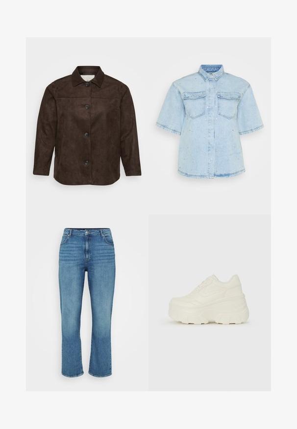 Jachetă din suede maro cu guler, cinci nasturi negri pe față și mâneci lungi. Textură netedă și croi potrivit.; Cămașă din denim albastru deschis cu mâneci scurte, având două buzunare în față și decorată cu mici tăieturi de argint.; Jeanși din denim de culoare bleu deschis, cu un design drept, având cinci buzunare, bucle pentru curea și o decolorare subtilă pe față.; Adidași platformă albi, cu un superior neted asemănător cu pielea, formă rotunjită, guler căptușit și talpă din cauciuc texturată cu borduri bine definite.