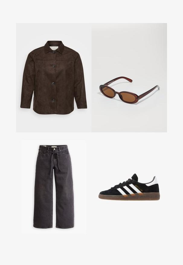 Barna sügérdzseki, galléros nyakkal, öt fekete gombbal elöl, hosszú ujjakkal. Simább textúra és szabott illeszkedés.; Fehér pamut póló rövid ujjakkal és kerek nyakkivágással. Belső nyakán rózsaszín címke található. Simogatós állagú.; Fekete, bőszárú farmernadrág, állítható derékkal, öt zsebbel és kontrasztos varrási részletekkel. Lapos elülső dizájn.; Fekete Adidas sneaker fehér csíkokkal, arany "Spezial" felirattal, gumitalppal és fehér saroktabbal, profil nézetben bemutatva.; Kerek, barna árnyalatú napszemüveg fényes burgundi kerettel. Karcsú karok diszkrét márkázással. Lapos lencse kialakítás.; Barna bőr hobo táska, laza fazonú és sima textúrájú. Egy modell viseli hétköznapian, nagy nyílással és lekerekített formával.