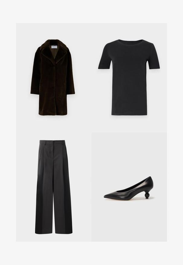 STAND STUDIO CAMILLE COCOON COAT - Ziemas mētelis - ash brown; Melnas īsām piedurknēm T-krekls, kas izgatavots no mīkstas kokvilnas, ar apaļu kakla izgriezumu un klasisku piegriezumu. Gluda tekstūra, bez rakstiem vai rotājumiem.; Melni platajā kājās bikses ar augsto jostasvietu, kas ar priekšējiem krokām, gludu tekstūru un pielāgotu apdari. Veidotas relaksētai piegrieztei.; Melnas ādas augstpapēžu kurpes ar smailu purngalu un apaļu papēdi. Gluda tekstūra ar elegantu, minimālistisku dizainu.