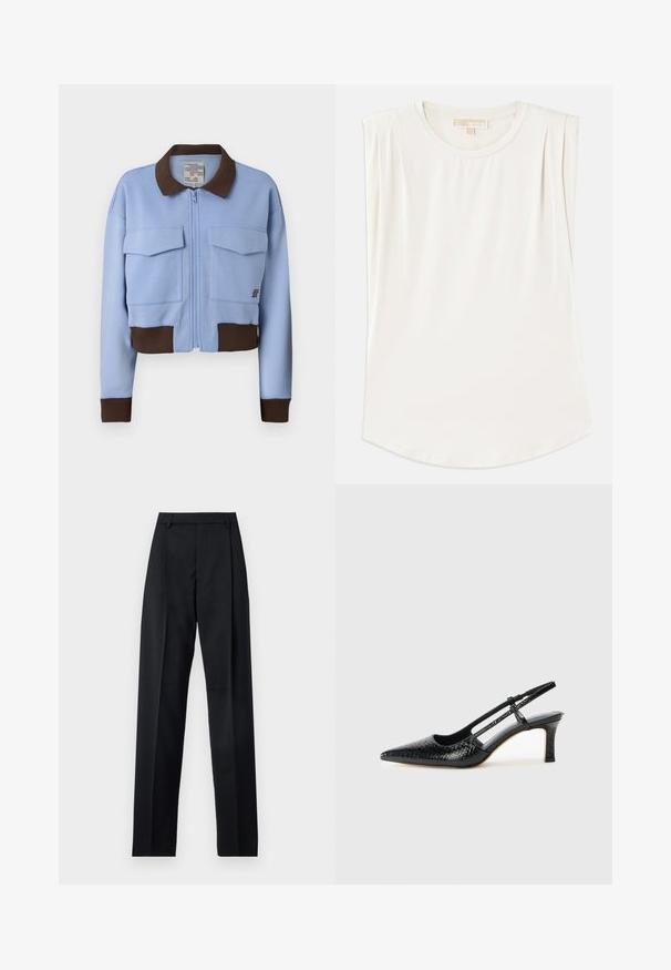 Jasnoniebieska krótka kurtka z brązowym prążkowanym kołnierzem i mankietami, z zamkiem błyskawicznym z przodu oraz dwoma kieszeniami na piersi. Gładki materiał o swobodnym fasonie.; Biały bezrękawnik wykonany z gładkiego materiału, z okrągłym dekoltem i subtelnymi plisami na ramionach, z zaokrąglonym dołem.; Czarne spodnie wykonane z gładkiego materiału, z wysokim stanem, szerokimi nogawkami, fałdami z przodu i klasycznymi szlufkami na pasek. Brak widocznych kieszeni bocznych.; Czarne lakierowane czółenka na obcasie typu slingback z wąskim noskiem, z teksturowanym wzorem wężowym, regulowanym paskiem oraz krótkim, teksturowanym obcasem w kształcie słupka.