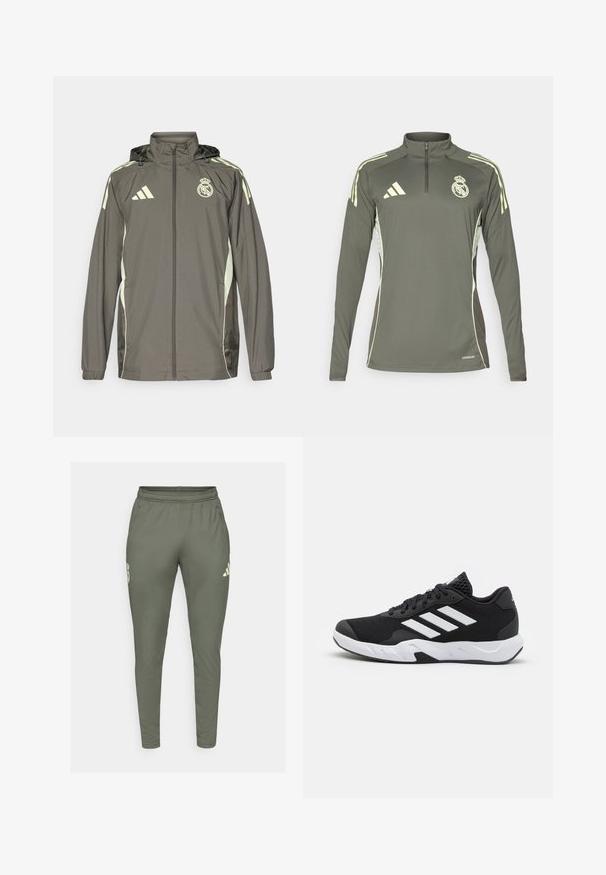 Gray waterproof jacket with a hood, light green accents, zip closure, and embroidered logo. Features side pockets and elastic cuffs.; Dark green long-sleeve top with half-zip collar, light green stripes on shoulders, and embroidered club logo, made from lightweight fabric.; Olive green track pants with a slim fit, elastic waistband, and side pockets. Features a logo on the left thigh and contrasting accents.; Black athletic shoes with a textured mesh upper, white accent stripes, a cushioned sole, and a reinforced heel for support.