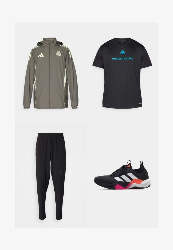 Casaco impermeável cinza com capuz, detalhes em verde claro, fecho de correr e logótipo bordado. Apresenta bolsos laterais e punhos elásticos.; T-shirt atlético preto feito de tecido leve, apresentando "SEGUIR A LINHA" em azul brilhante e um pequeno logótipo perto da bainha.; Calças atléticas pretas com um cós elástico, design afunilado, bolsos laterais e detalhe discreto do logótipo. Feitas de um tecido flexível e respirável.; Sapatilha atlética preta com riscas brancas, parte superior texturizada e sola robusta com detalhes em laranja, rosa e branco. Design com atacadores e alça de puxar.
