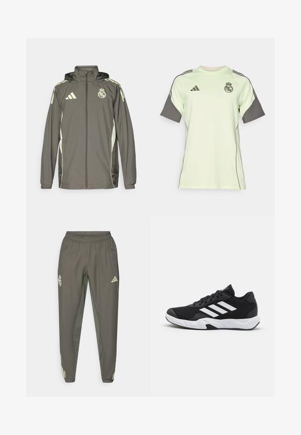 Veste imperméable grise avec capuche, accents vert clair, fermeture éclair et logo brodé. Dotée de poches latérales et de poignets élastiques.; Maillot vert clair à manches courtes avec des accents gris, logo noir et rayures. Fabriqué en matériau respirant, conçu pour les vêtements de sport.; Pantalon de sport gris avec taille élastique, présentant une finition texturée et des accents latéraux verts contrastants. Comprend un détail de logo.; Baskets de sport noires avec une tige en mesh texturé, des rayures blanches, une semelle rembourrée et un talon renforcé pour le soutien.