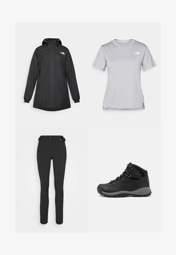 Czarna wodoodporna kurtka z kapturem, długimi rękawami, elastycznymi mankietami i zapięciem na zamek. Posiada logo North Face na klatce piersiowej.; Szara, krótkozasięgowa koszulka wykonana z miękkiego, odprowadzającego wilgoć materiału. Posiada okrągły dekolt oraz małe białe logo w górnym lewym rogu.; Czarne, dopasowane spodnie wykonane z elastycznego materiału. Cechy to kieszeń boczna na zamek, strefowe kolana oraz gładka faktura.; Czarne buty trekkingowe z średnim cholewem, z teksturowaną cholewą, szarymi akcentami oraz trwałą gumową podeszwą z wypustkami zapewniającymi przyczepność.
