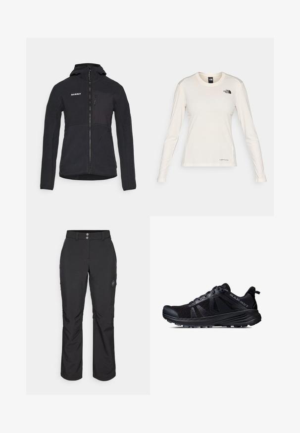 Czarna polarowa kurtka z kapturem, z zamkiem z przodu, z kieszenią na piersi i gładką fakturą. Logo marki umieszczone po lewej stronie u góry.; The North Face - Bluzka z długim rękawem; Czarne spodnie outdoorowe o prostym kroju, z zapięciem na guzik, zapinanymi na zamek bocznymi kieszeniami oraz naszywką z logo na lewej udzie.; Czarne buty do biegania w terenie z siateczkową cholewką i gumową podeszwą. Posiadają teksturowane wstawki, wzmocniony czubek oraz logo marki na pięcie.